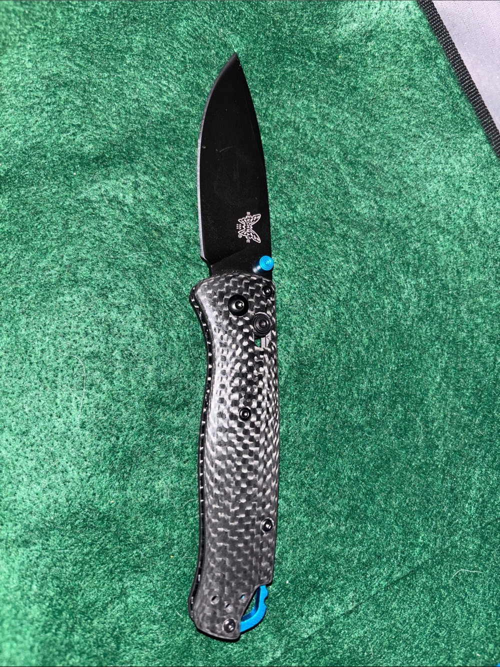 Bench Carbon Fiber Folding Knife - Black Blade with Blue Accents